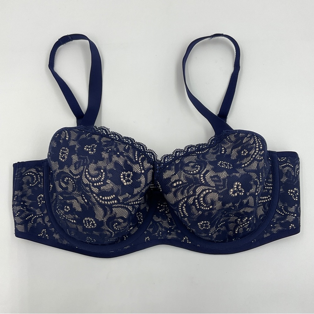 Soma EUC Enticing Lift Full Coverage Navy Lace Bra Nude Background 34D - Picture 8 of 16